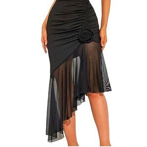 Flower Patched Ruffle Hem Mesh High Low Skirt High Waisted Asymmetrical Skirts